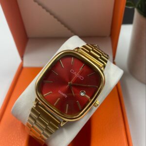 Golden Strapped Red Face Casio Watch